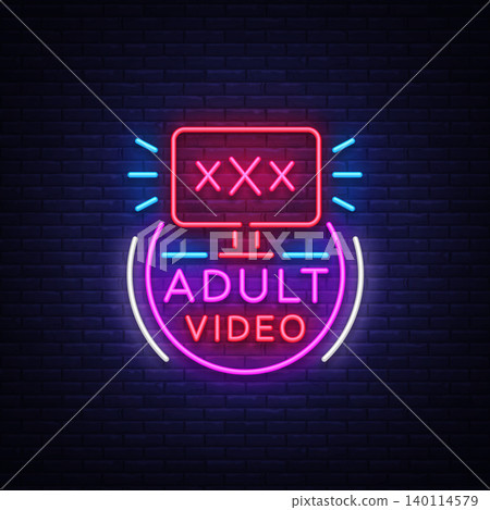 Adult video neon sign. Design template, neon logo xxx video, sex industry, light banner, night bright light advertisement. Vector illustration Adult video neon sign. Design template, neon logo xxx video, sex industry, light banner, night bright light advertisement. Vector illustration 140114579