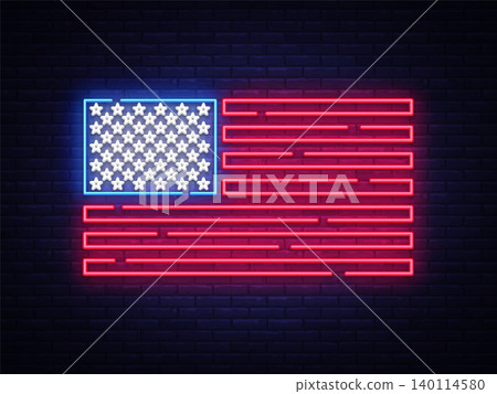 USA flag neon sign. Night bright Signboard USA flag. USA flag vector, neon symbol, light icon. Vector illustration USA flag neon sign. Night bright Signboard USA flag. USA flag vector, neon symbol, light icon. Vector illustration 140114580