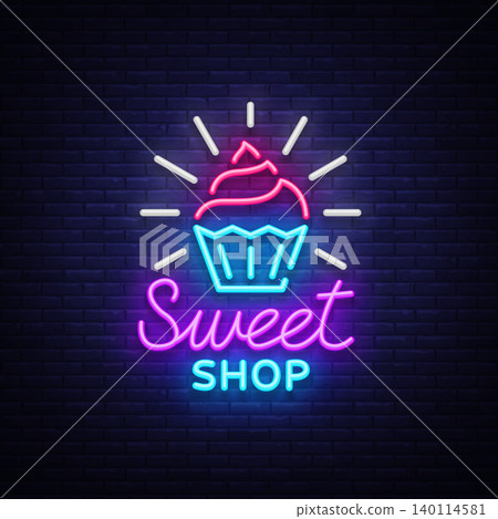 Sweet Shop logo is neon style. Candy Shop neon sign, banner light, bright neon night sweets advertising. Design template for your projects. Vector illustration Sweet Shop logo is neon style. Candy Shop neon sign, banner light, bright neon night sweets advertising. Design template for your projects. Vector illustration 140114581