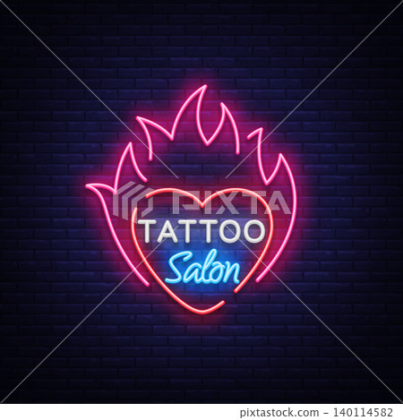 Tattoo salon logo vector. Neon sign, a symbol of heart in the fire, a bright luminous billboard, a night banner, neon bright advertising on a tattoo theme, for a tattoo salon, studio Tattoo salon logo vector. Neon sign, a symbol of heart in the fire, a bright luminous billboard, a night banner, neon bright advertising on a tattoo theme, for a tattoo salon, studio 140114582