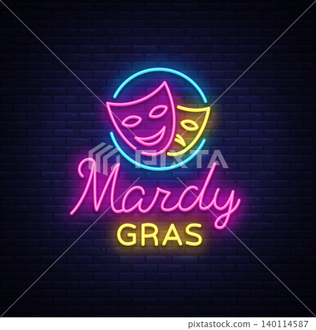 Mardi Grav is a neon sign. Bright glowing banner, luminous sign, bright neon billboard, night neon advertising of carnival. Fat Tuesday Design template, greeting card, flyer. Vector illustration Mardi Grav is a neon sign. Bright glowing banner, luminous sign, bright neon billboard, night neon advertising of carnival. Fat Tuesday Design template, greeting card, flyer. Vector illustration 140114587