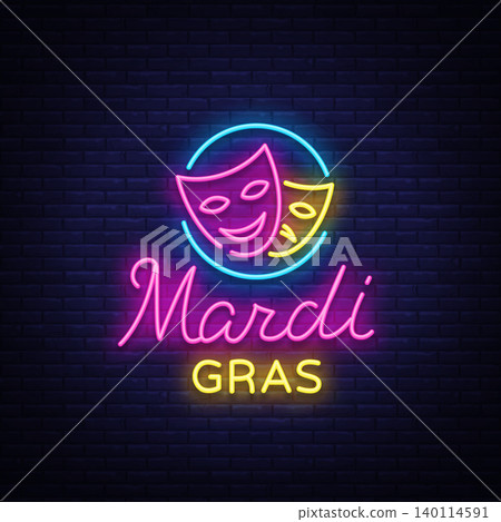 Mardi Grav is a neon sign. Bright glowing banner, luminous sign, bright neon billboard, night neon advertising of carnival. Fat Tuesday Design template, greeting card, flyer. Vector illustration Mardi Grav is a neon sign. Bright glowing banner, luminous sign, bright neon billboard, night neon advertising of carnival. Fat Tuesday Design template, greeting card, flyer. Vector illustration 140114591