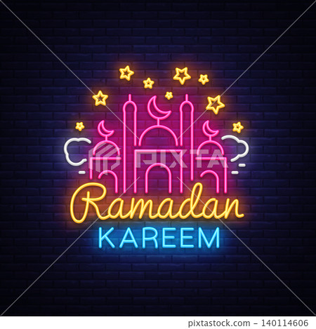 Ramadan Kareem greeting cards, neon sign. Design template, light banner, night neon advert. Ramadan Kareem - Glorious month of Muslim year. Vector illustration Ramadan Kareem greeting cards, neon sign. Design template, light banner, night neon advert. Ramadan Kareem - Glorious month of Muslim year. Vector illustration 140114606