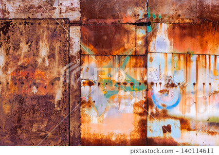 Close-up of Rusted Metal Panels with spray-paint markings Close-up of Rusted Metal Panels with spray-paint markings 140114611