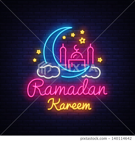 Ramadan Kareem neon sign. Ramadan Kareem vector banner in neon style, night bright signboard, celebration of Muslim community festival, islamic greeting design, greeting card, advertising Ramadan Kareem neon sign. Ramadan Kareem vector banner in neon style, night bright signboard, celebration of Muslim community festival, islamic greeting design, greeting card, advertising 140114642