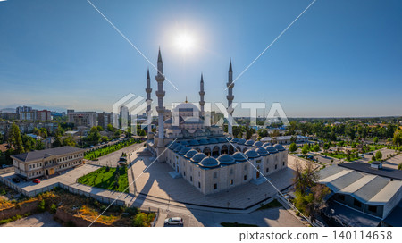 Aerial View of Ornate Mosque of Imam Sarakhsi with Domes and Minarets in Kyrgyzstan Aerial View of Ornate Mosque of Imam Sarakhsi with Domes and Minarets in Kyrgyzstan 140114658