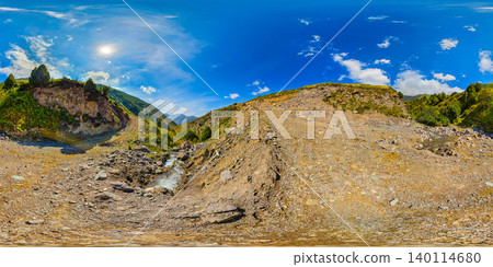 Kyrgyzstan Mountain Landscape Panorama with Trail Crossing Stream Kyrgyzstan Mountain Landscape Panorama with Trail Crossing Stream 140114680