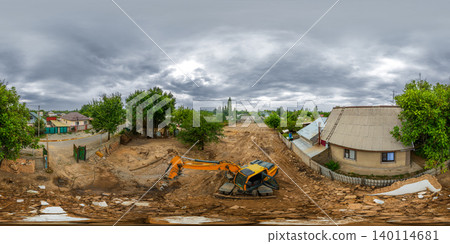 Aerial Panorama of Demolition Site with Excavator in Kyrgyzstan Aerial Panorama of Demolition Site with Excavator in Kyrgyzstan 140114681