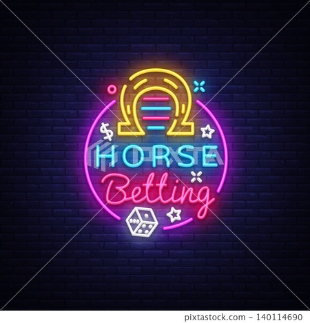 Horse Betting Logo in Neon Style. Horse Betting Neon Sign Vector, Design Element. Betting Sports, Horse racing symbol, icon, emblem. Light banner, bright night advertising. Vector illustration 140114690