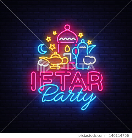 Iftar Party invitation card vector illustration. Iftar Party Festive Illustration Design template in modern neon style, Muslim holiday of holy month Ramadan Karim. Neon sign vector Iftar Party invitation card vector illustration. Iftar Party Festive Illustration Design template in modern neon style, Muslim holiday of holy month Ramadan Karim. Neon sign vector 140114706