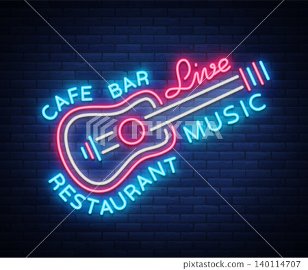 Live music neon sign vector, poster, emblem for live music festival, music bars, karaoke, night clubs. Template for flyers, banners, invitations, brochures and covers 140114707