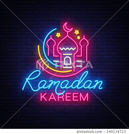 Ramadan Kareem neon sign vector, leaflet design template concept of lines with colored crescent and mosque, Islamic banner background design, neon symbol, modern trend design, Islamic holiday vector Ramadan Kareem neon sign vector, leaflet design template concept of lines with colored crescent and mosque, Islamic banner background design, neon symbol, modern trend design, Islamic holiday vector 140114713