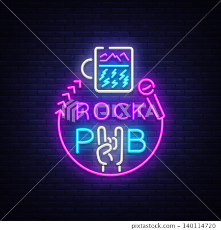 Rock Pub Logo Neon Vector. Rock Bar Neon Sign, Concept with a glass, Bright Night Advertising, Light Banner, Live Music, Karaoke, Night Club, Neon Signboard, Design Element. Vector illustration Rock Pub Logo Neon Vector. Rock Bar Neon Sign, Concept with a glass, Bright Night Advertising, Light Banner, Live Music, Karaoke, Night Club, Neon Signboard, Design Element. Vector illustration 140114720