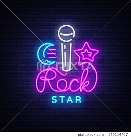 Rock Star Neon Sign Vector. Rock Star logo vector design template, nightlife, live music, karaoke, light banner, night bright neon advertising for nightclub, pub, bar. Vector illustration 140114727