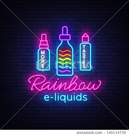 Vape Shop Logo Neon Vector. Rainbow e-liquids concept, Vape neon sign design template, light banner, night bright advertising for Vaping store, Trendy modern design. Vector Illustration Vape Shop Logo Neon Vector. Rainbow e-liquids concept, Vape neon sign design template, light banner, night bright advertising for Vaping store, Trendy modern design. Vector Illustration 140114730