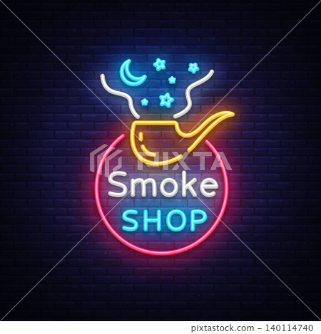 Smoke Store Logo Neon Vector. Cigarette shop neon sign, vector design template vector illustration on tobacco theme, bright night cigarette advertisement. Vector 140114740