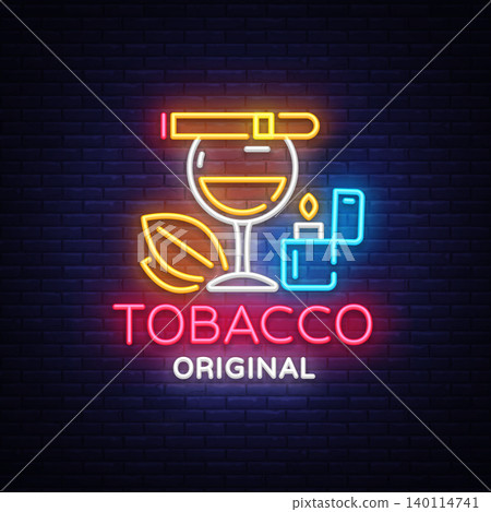 Tobacco shop logo vector. Cigarettes Shop night bright advertising design template. Vector illustration Tobacco shop logo vector. Cigarettes Shop night bright advertising design template. Vector illustration 140114741