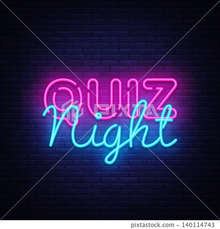 Quiz night announcement poster vector design template. Quiz night neon signboard, light banner. Pub quiz held in pub or bar, night club. Pub team game. Questions game bright retro light sign. Vector 140114743