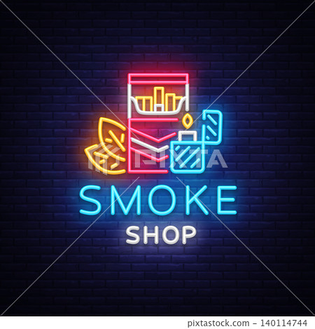 Smoke Store Logo Neon Vector. Cigarette shop neon sign, vector design template vector illustration on tobacco theme, bright night cigarette advertisement. Vector 140114744