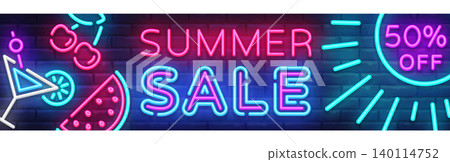 Summer Sale Neon Horizontal Banner Vector. Advertising banner in modern trend design, neon style, bright night advertising Summer discount, design template. Vector illustration Summer Sale Neon Horizontal Banner Vector. Advertising banner in modern trend design, neon style, bright night advertising Summer discount, design template. Vector illustration 140114752