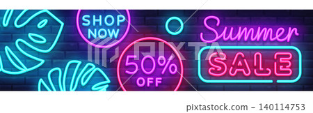 Summer Sale Neon Horizontal Banner Vector. Advertising banner in modern trend design, neon style, bright night advertising Summer discount, design template. Vector illustration 140114753