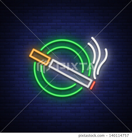 Smoking area neon sign. Neon symbol, a luminous sign is a place for smoking. Bright signboard. Vector illustration Smoking area neon sign. Neon symbol, a luminous sign is a place for smoking. Bright signboard. Vector illustration 140114757