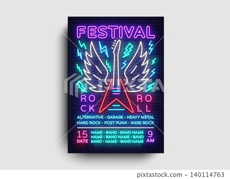Rock music concert poster vector. Design Template Rock Music Festival, Neon Style, Neon Banner, Light Flyer, Concert Invitation, Rock Roll Music, Night Party Invitation. Vector illustration Rock music concert poster vector. Design Template Rock Music Festival, Neon Style, Neon Banner, Light Flyer, Concert Invitation, Rock Roll Music, Night Party Invitation. Vector illustration 140114763