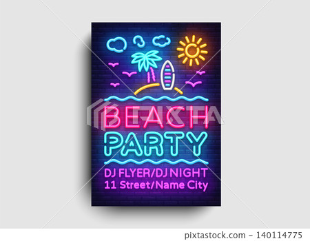 Beach party invitation card design template. Summer party poster in neon style, modern trend design, light banner, bright advertising party, neon typography. Vector illustration 140114775