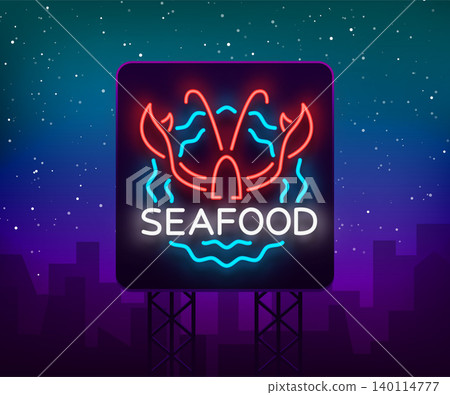 Seafood neon logo icon vector illustration. Lobster emblem, neon advertisement, night sign for the restaurant, cafe, bar with seafood. Glowing banner, a template for your projects. Billboard Seafood neon logo icon vector illustration. Lobster emblem, neon advertisement, night sign for the restaurant, cafe, bar with seafood. Glowing banner, a template for your projects. Billboard 140114777