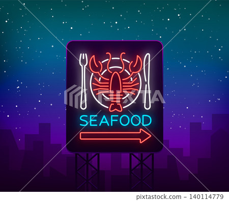 Seafood neon logo icon vector illustration. Lobster emblem, neon advertisement, night sign for the restaurant, cafe, bar with seafood. Glowing banner, a template for your projects Seafood neon logo icon vector illustration. Lobster emblem, neon advertisement, night sign for the restaurant, cafe, bar with seafood. Glowing banner, a template for your projects 140114779
