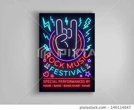 Rock festival poster in neon style. Neon sign, an invitation to the concert brochure on roknrol music, bright light banner, flyer for festivals, parties and concerts. Vector illustration Rock festival poster in neon style. Neon sign, an invitation to the concert brochure on roknrol music, bright light banner, flyer for festivals, parties and concerts. Vector illustration 140114847