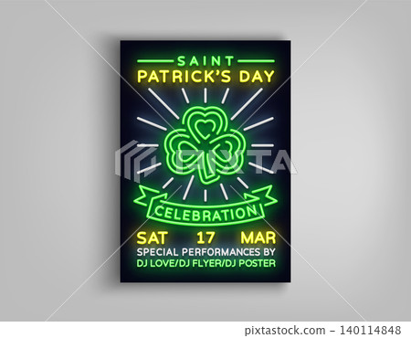 Happy St. Patrick's Day celebration invitation card design. Poster in the style neon, neon sign, neon bright for a party festival. Brochure, flyer for your projects. Vector illustration Happy St. Patrick's Day celebration invitation card design. Poster in the style neon, neon sign, neon bright for a party festival. Brochure, flyer for your projects. Vector illustration 140114848