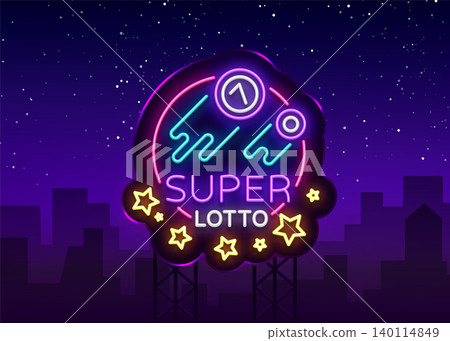 Super loto neon sign. Bingo lotto logo in a neon style, bright symbol, lototron, neon banner, bright night advertising for your projects. Vector Illustrations. Billboard 140114849