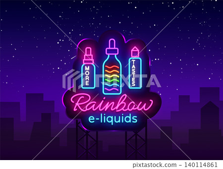 Vape Shop Logo Neon Vector. Rainbow e-liquids concept, Vape neon sign design template, light banner, night bright advertising for Vaping store, Trendy modern design. Vector Illustration. Billboard Vape Shop Logo Neon Vector. Rainbow e-liquids concept, Vape neon sign design template, light banner, night bright advertising for Vaping store, Trendy modern design. Vector Illustration. Billboard 140114861