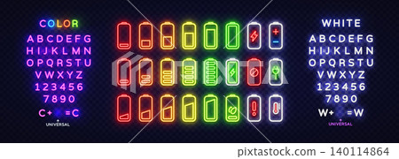 Large neon battery icon set with colorful alphabet and numbers. Bright glowing energy indicators and electric symbols on transparent background Large neon battery icon set with colorful alphabet and numbers. Bright glowing energy indicators and electric symbols on transparent background 140114864