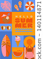 Geometric greeting summer flyer. Offer for hot season vacation to the sea with beach holiday symbols. Summer positive vibe design for sales, invitations, covers, ads, web, social media. Vector Geometric greeting summer flyer. Offer for hot season vacation to the sea with beach holiday symbols. Summer positive vibe design for sales, invitations, covers, ads, web, social media. Vector 140114871