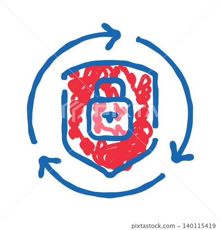 Shield padlock arrows circling doodle data security Shield padlock arrows circling doodle data security 140115419