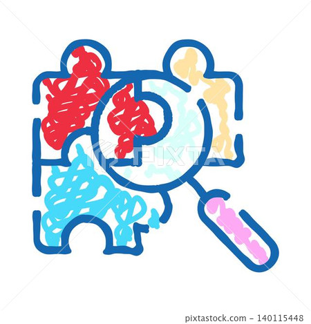 Puzzle pieces with magnifying glass finding solutions Puzzle pieces with magnifying glass finding solutions 140115448