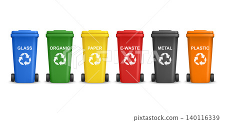 Vector 3d Recycling Bins Set. Glass Organic Paper E-Waste Metal Plastic. Color Wheelie Bin Set. Realistic 3d Garbage Containers for Recycling and Sustainability, Isolated Vector 3d Recycling Bins Set. Glass Organic Paper E-Waste Metal Plastic. Color Wheelie Bin Set. Realistic 3d Garbage Containers for Recycling and Sustainability, Isolated 140116339