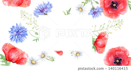 Watercolor rectangular frame with red poppies, blue cornflowers and chamomile flowers isolated on white. Floral border template with copy space. Hand drawn wildflowers frame clipart. Watercolor rectangular frame with red poppies, blue cornflowers and chamomile flowers isolated on white. Floral border template with copy space. Hand drawn wildflowers frame clipart. 140116415