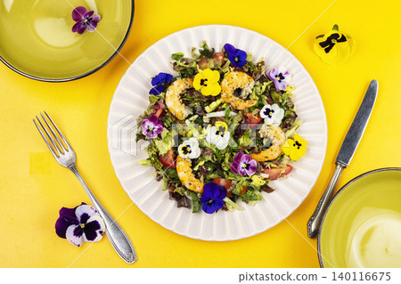 Colorful Shrimp Salad with Leafy Greens and Edible Blossoms Colorful Shrimp Salad with Leafy Greens and Edible Blossoms 140116675