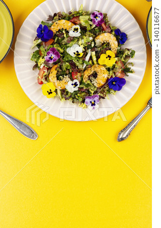 Fresh Shrimp Salad with Edible Flowers and Mixed Greens Fresh Shrimp Salad with Edible Flowers and Mixed Greens 140116677