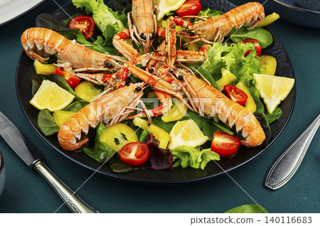 Healthy Seafood Salad with Langoustines and Fresh Vegetables Healthy Seafood Salad with Langoustines and Fresh Vegetables 140116683