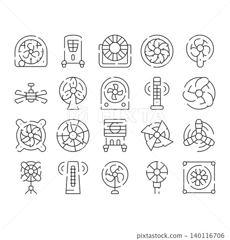 Cooling fans and ventilators appliance line art icons Cooling fans and ventilators appliance line art icons 140116706