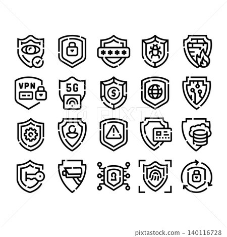 Cybersecurity system protection digital data shield icons Cybersecurity system protection digital data shield icons 140116728