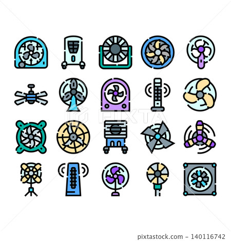Electric fans and cooling appliances flat line icons collection Electric fans and cooling appliances flat line icons collection 140116742