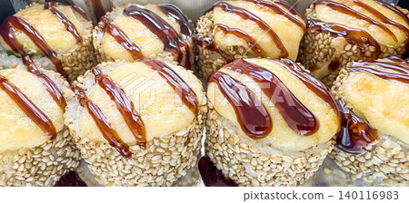 Baked sushi rolls with melted cheese sesame and sauce for food delivery and online sushi restaurant order 140116983