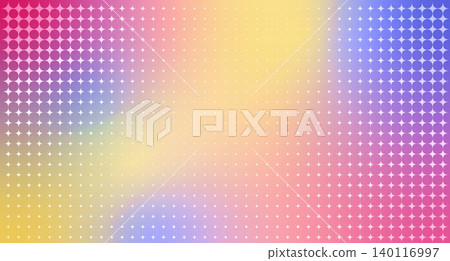 Vibrant Y2K pattern with halftone stars and gradient dots. Retro geometric background featuring sparkles, rainbow colors, and psychedelic textures for modern party designs. 140116997