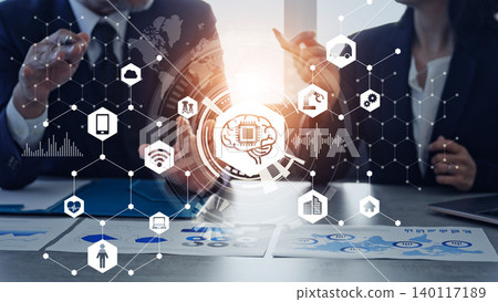 A group of business people in a meeting and the concept of AI technology A group of business people in a meeting and the concept of AI technology 140117189