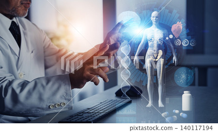 A man in a white coat working in an office and a concept of medical technology. 140117194